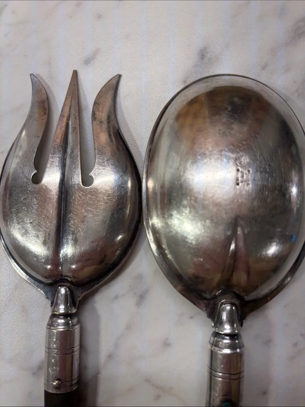 Set Wood Handle . Marked Nickel silver Salad Servers wood. Antique vintage.